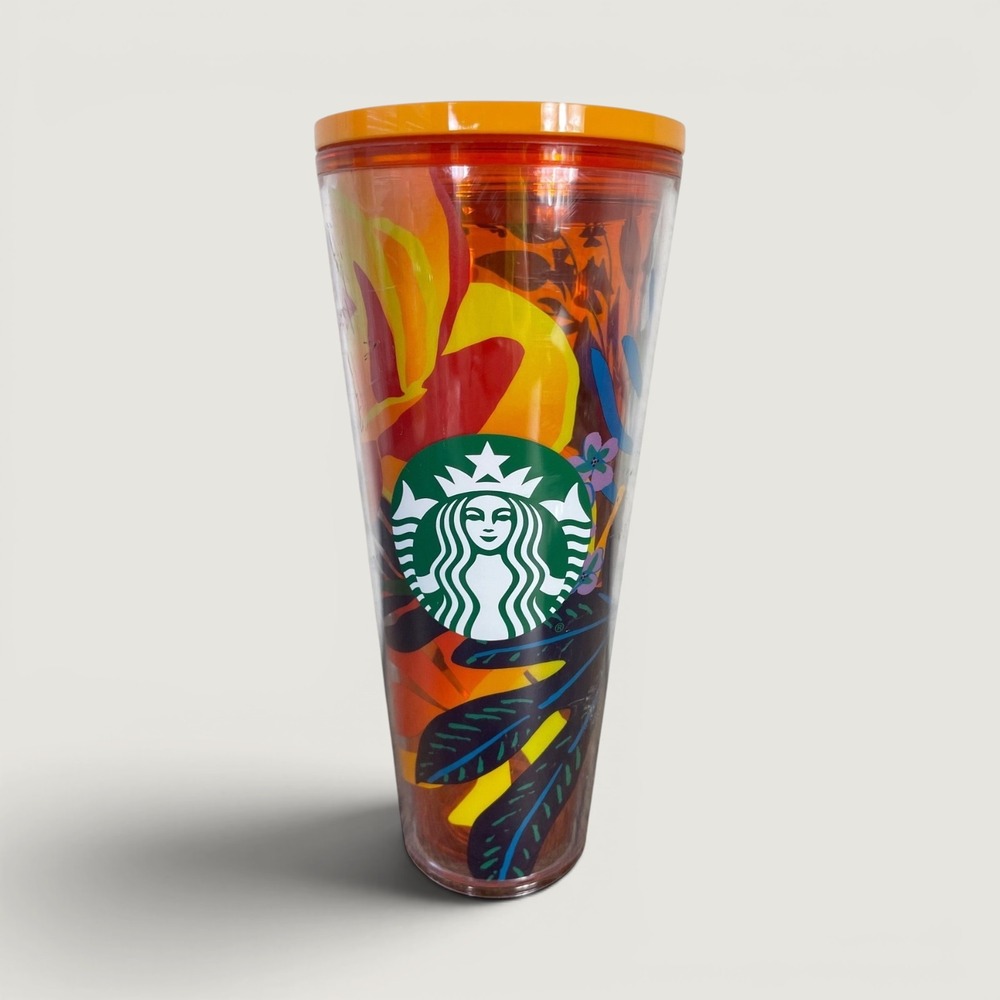 Starbucks 2021 Summer Tropical Floral Venti Tumbler 24oz‎ Orange Lid Cold Cup